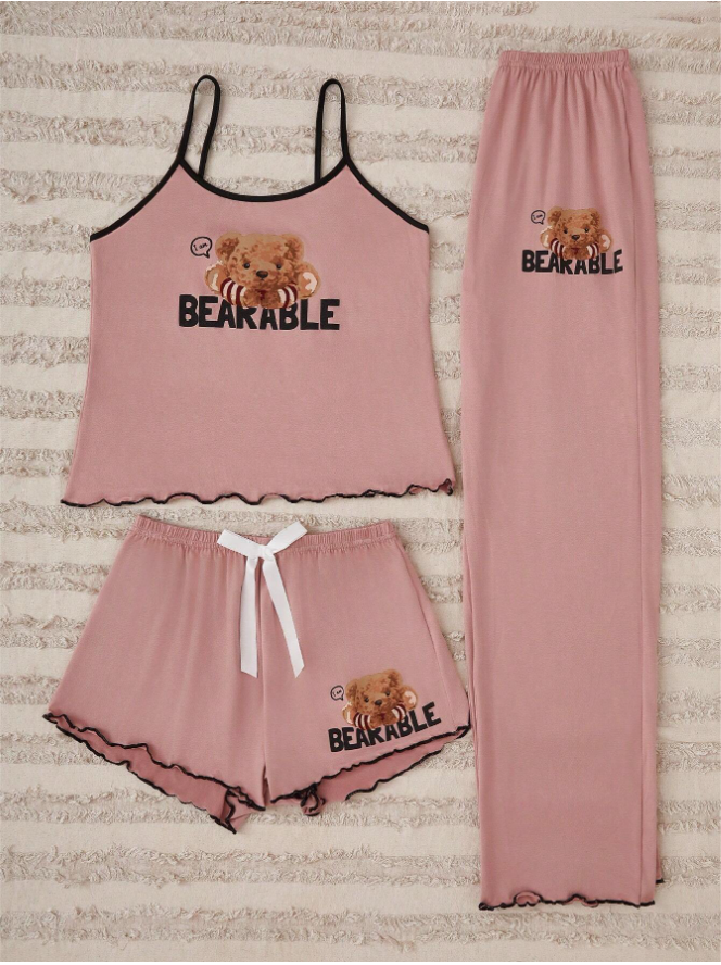 3pcs/Set Sleeveless Top, Shorts And Long Pants Pajama Set