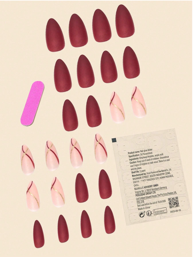 24pcs/Set Burgundy Matte False Nails With Gold Stripe