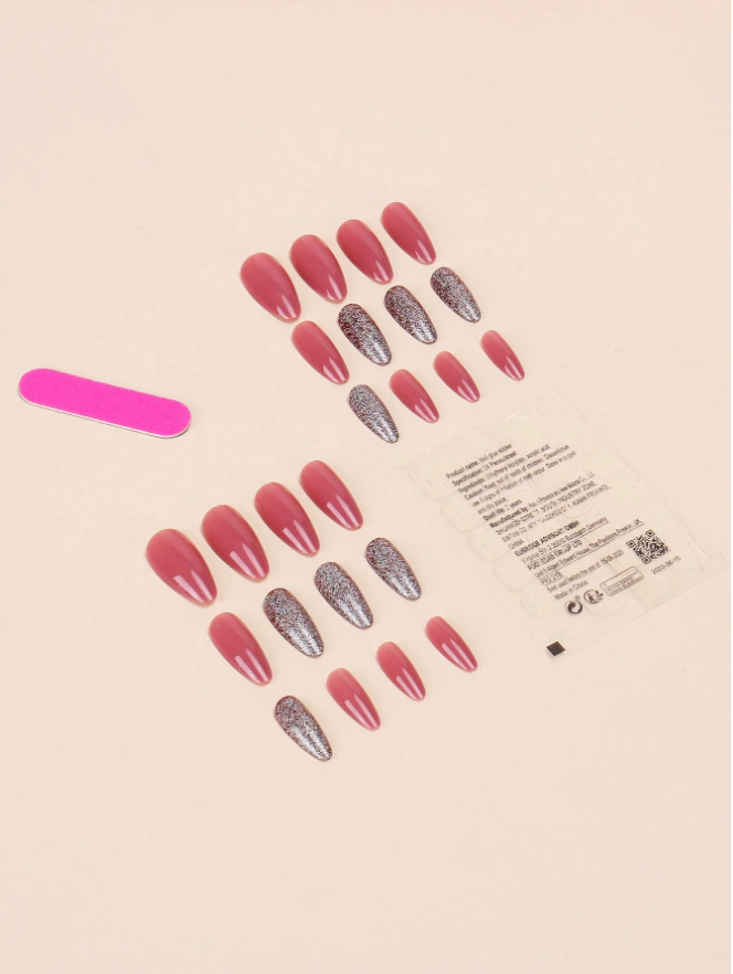24pcs Short Waterdrop Shaped Black & White Striped Design European Style Nails