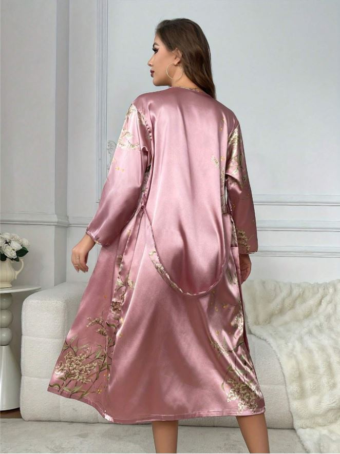 2pcs Pink Women Elegant Satan Robe & Nightgown Set