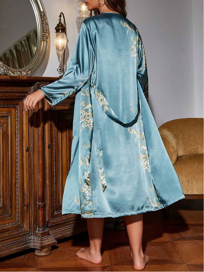 2pcs Terqwaz Women Elegant Satan Robe & Nightgown Set