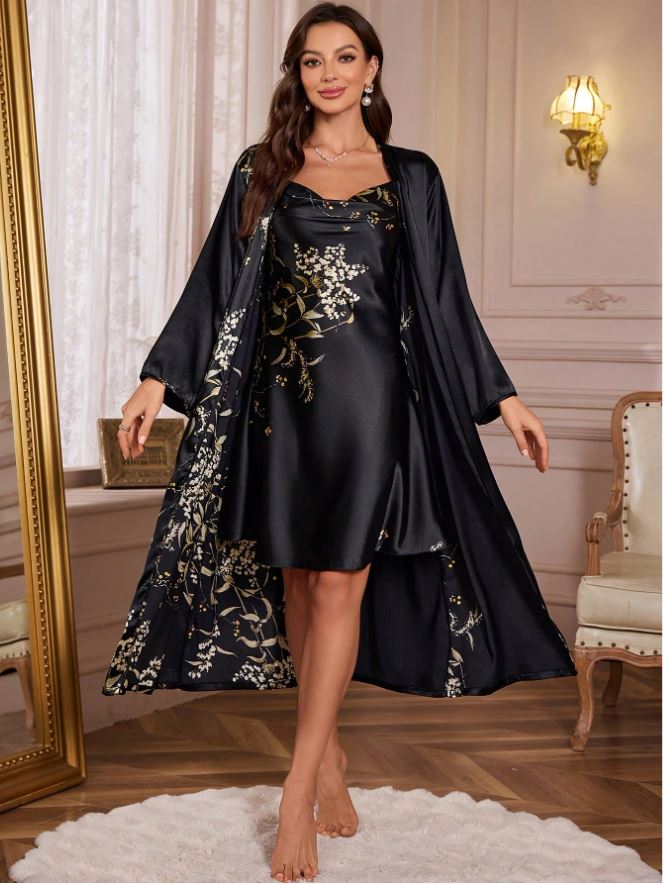 2pcs Black Women Elegant Satan Robe & Nightgown Set