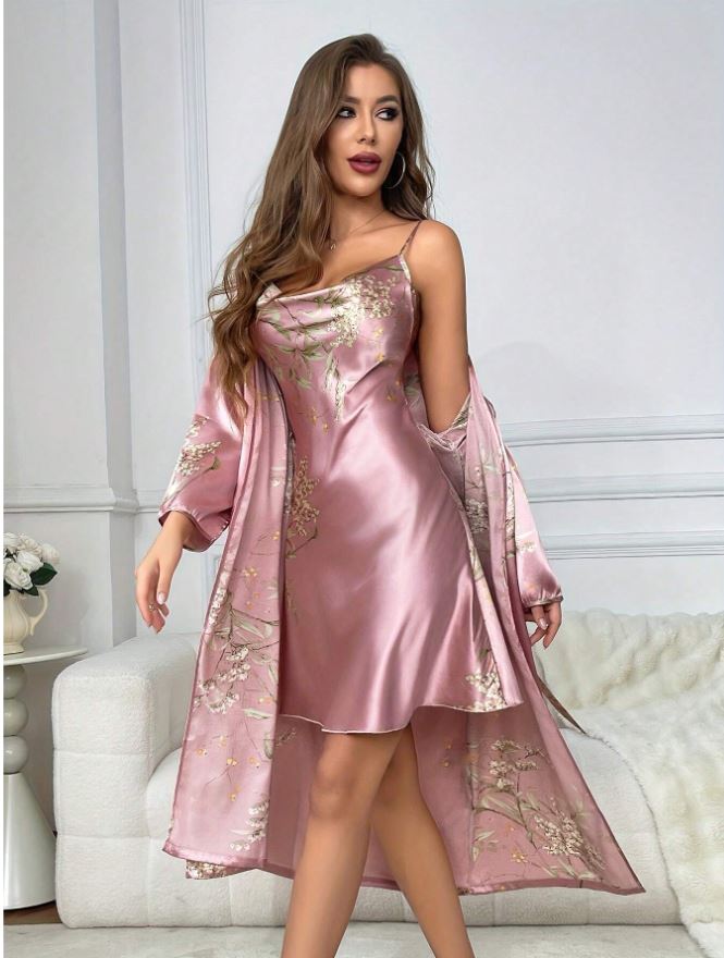 2pcs Pink Women Elegant Satan Robe & Nightgown Set