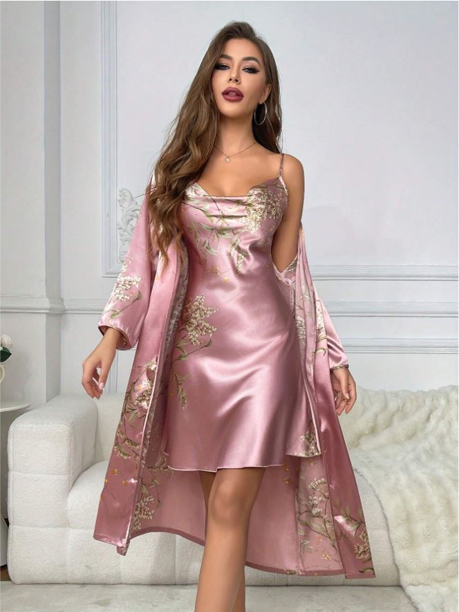 2pcs Pink Women Elegant Satan Robe & Nightgown Set