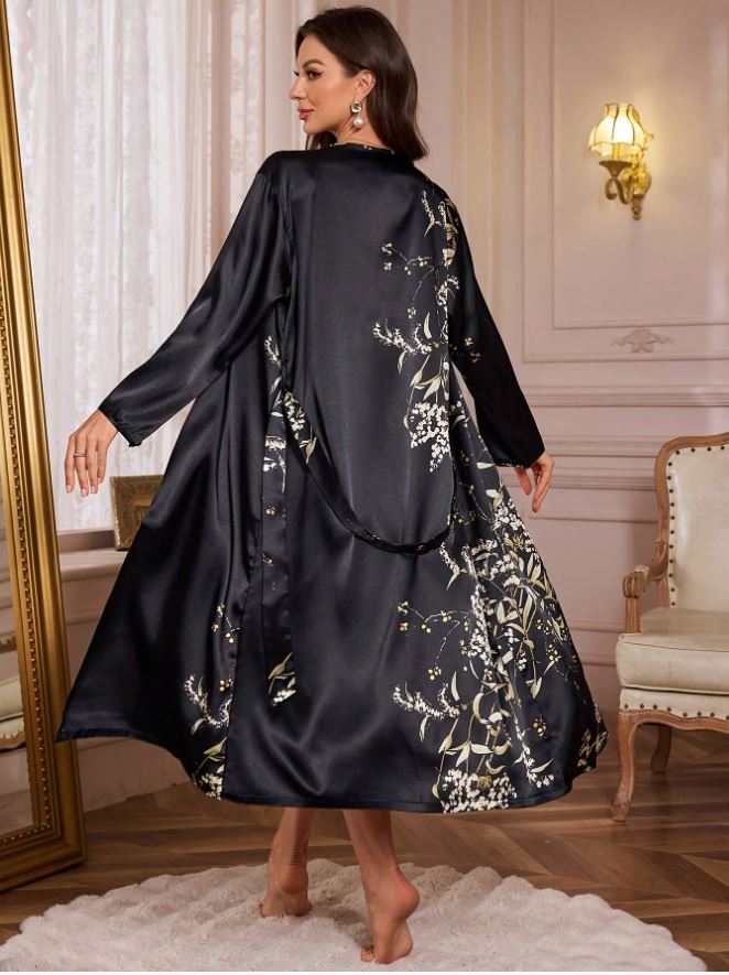 2pcs Black Women Elegant Satan Robe & Nightgown Set