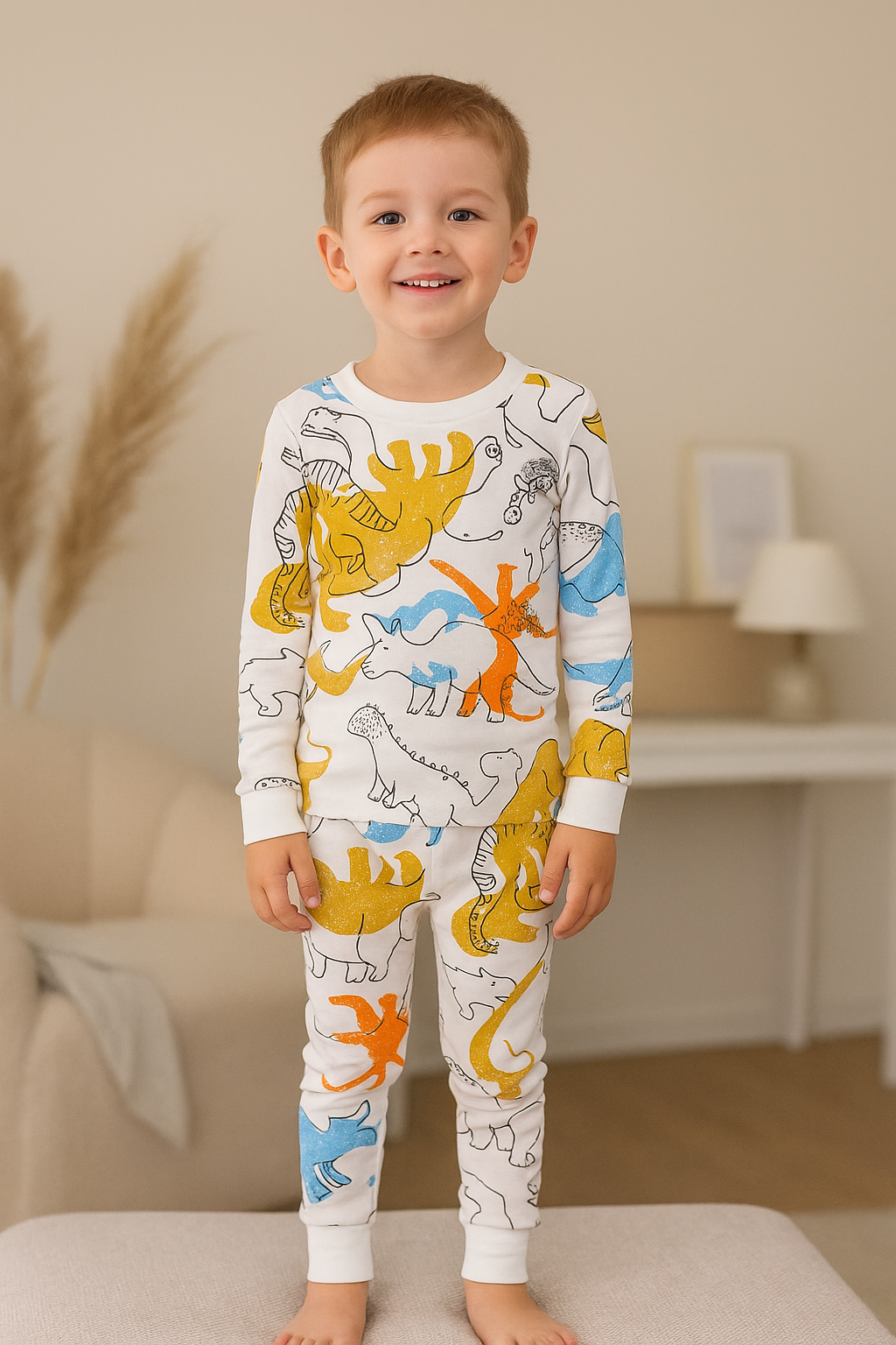Pajama White Dinosaur Print Set