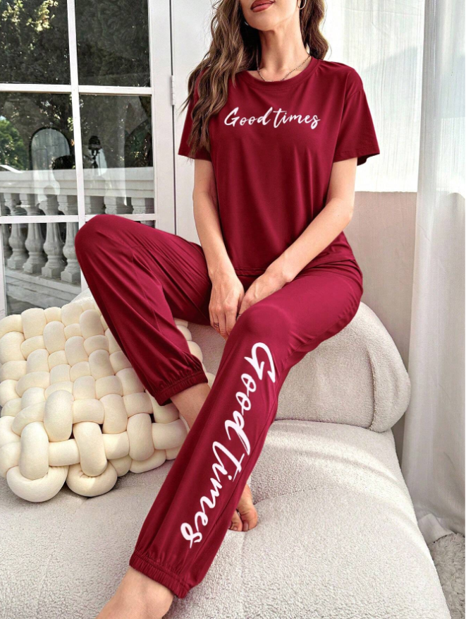 Women English Letter Print Short Sleeve T-Shirt And Long Pants Casual Pajama Set