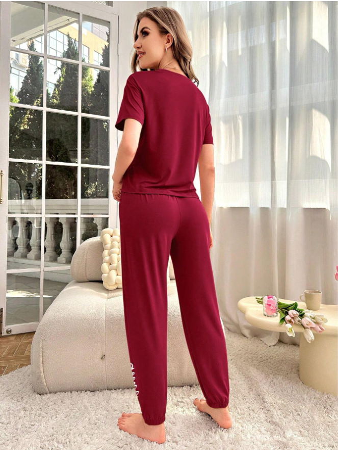 Women English Letter Print Short Sleeve T-Shirt And Long Pants Casual Pajama Set