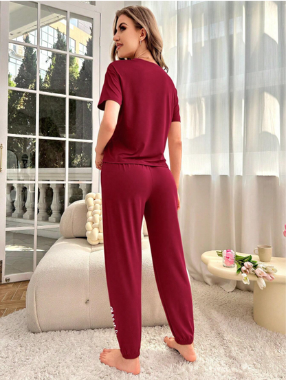 Women English Letter Print Short Sleeve T-Shirt And Long Pants Casual Pajama Set