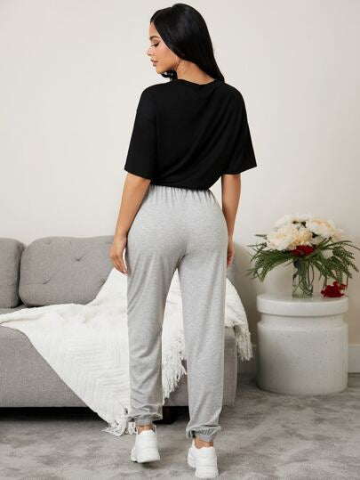 Drop Shoulder Drawsrtring Hem Tee & Letter Graphic Pants Lounge Set