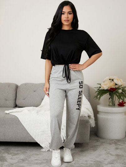 Drop Shoulder Drawsrtring Hem Tee & Letter Graphic Pants Lounge Set