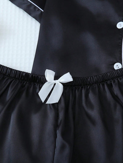 2pcs/Set Satin Pajama Set For Women (black)