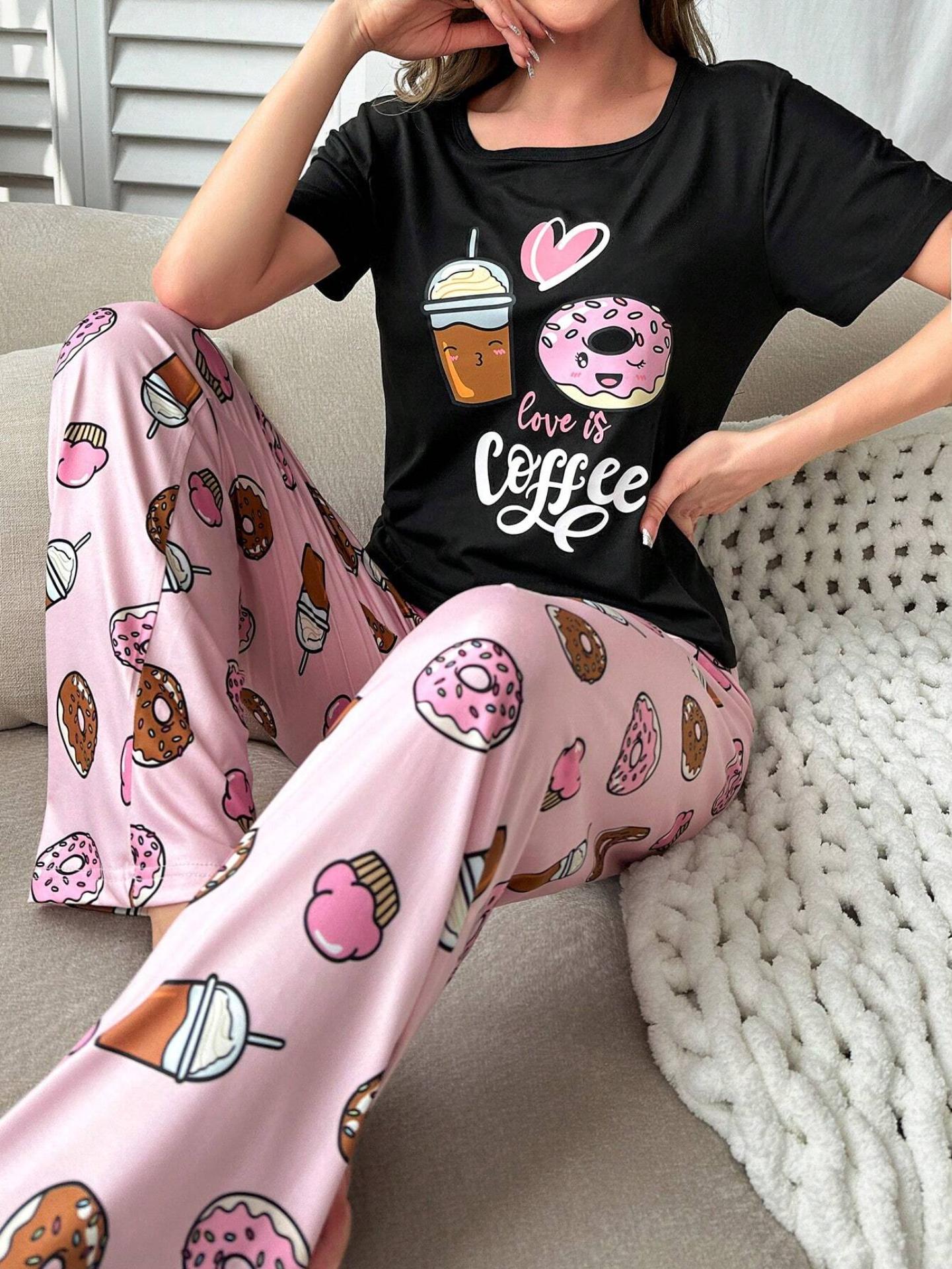 Donut & Slogan Graphic Tee & Pants PJ Set