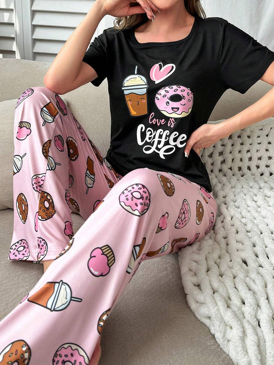 Donut & Slogan Graphic Tee & Pants PJ Set