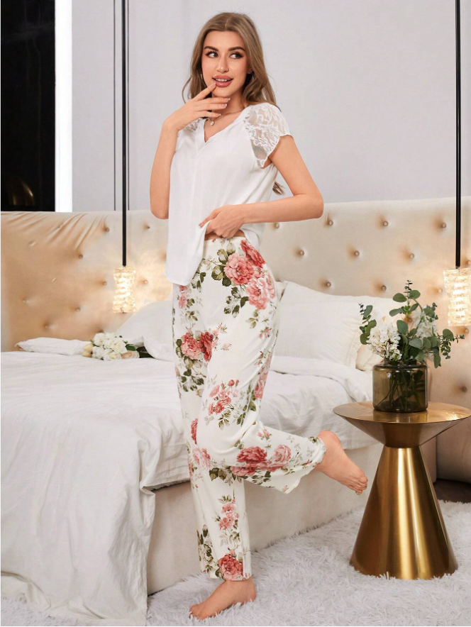 Women White Pajama Set Multicolor