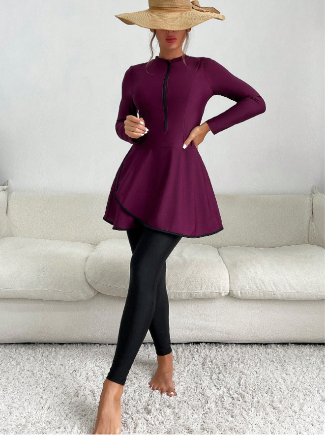 Women Swim Summer Beach Zipper Front High Neck Full Body Burkini