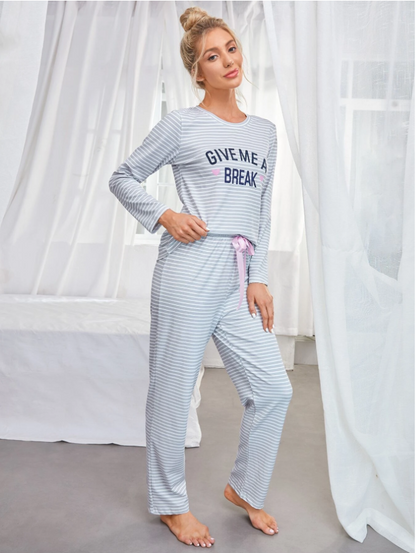 Striped & Slogan Graphic Bow Front PJ Set