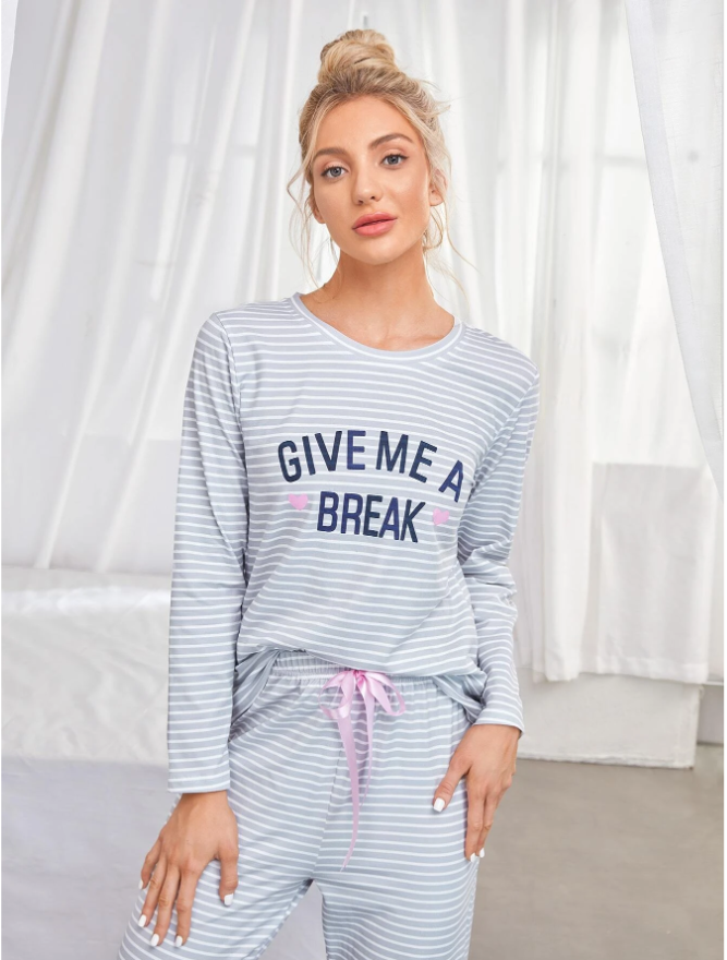 Striped & Slogan Graphic Bow Front PJ Set