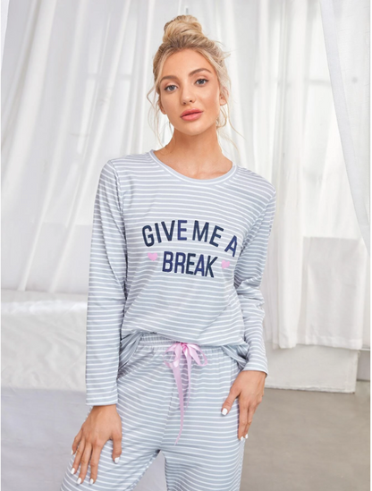 Striped & Slogan Graphic Bow Front PJ Set