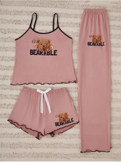 3pcs/Set Sleeveless Top, Shorts And Long Pants Pajama Set