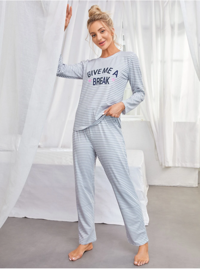 Striped & Slogan Graphic Bow Front PJ Set