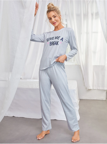 Striped & Slogan Graphic Bow Front PJ Set