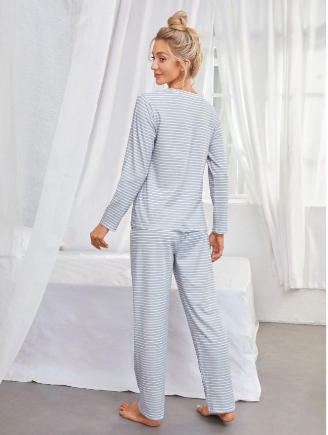 Striped & Slogan Graphic Bow Front PJ Set