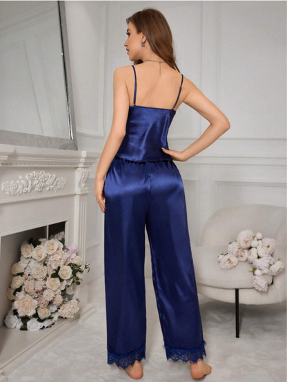 Women's Pure Color Lace Spliced Pajama Set