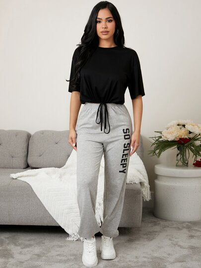 Drop Shoulder Drawsrtring Hem Tee & Letter Graphic Pants Lounge Set