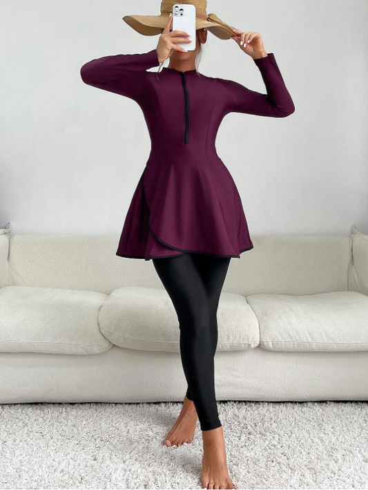 Women Swim Summer Beach Zipper Front High Neck Full Body Burkini