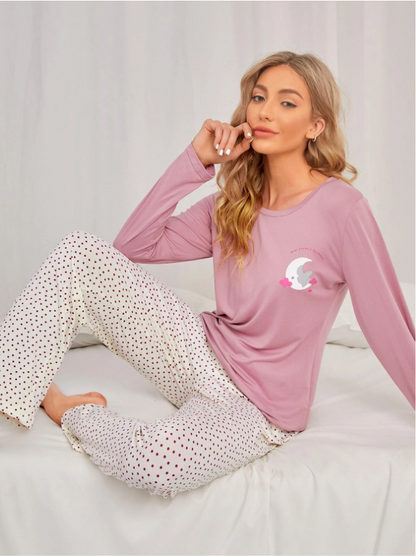 Moon And Slogan Graphic Tee & Polka Dot Print Pants PJ Set