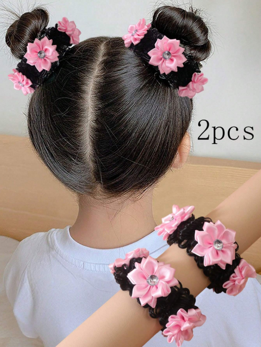2pcs Girls' Back To School Cute Bun Hair Ties With Rhinestone & Flower Decoration