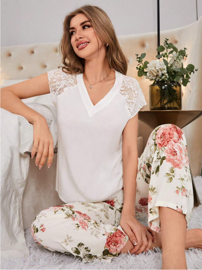 Women White Pajama Set Multicolor