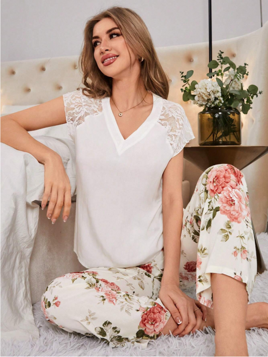 Women White Pajama Set Multicolor