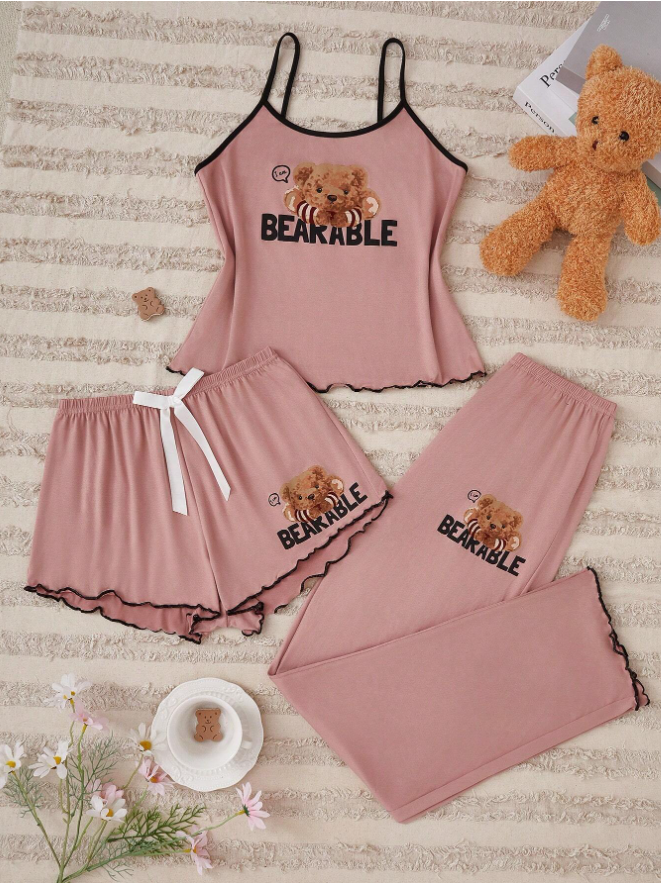 3pcs/Set Sleeveless Top, Shorts And Long Pants Pajama Set