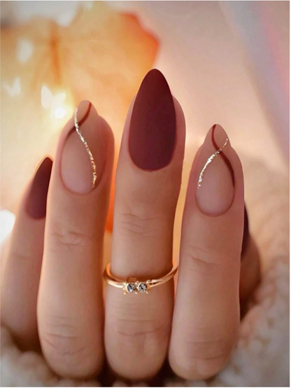 24pcs/Set Burgundy Matte False Nails With Gold Stripe