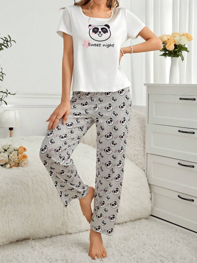 Cute Panda Design Women's Pajama Set (Grey)