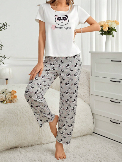 Cute Panda Design Women's Pajama Set (Grey)