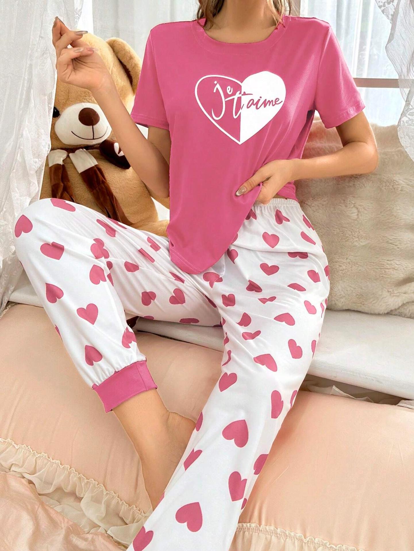 Women's Love Heart Print Short Sleeve Long Pants Homewear Set