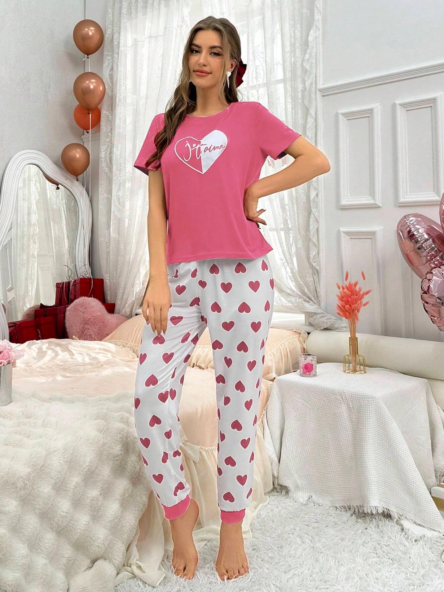 Women's Love Heart Print Short Sleeve Long Pants Homewear Set