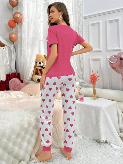 Women's Love Heart Print Short Sleeve Long Pants Homewear Set