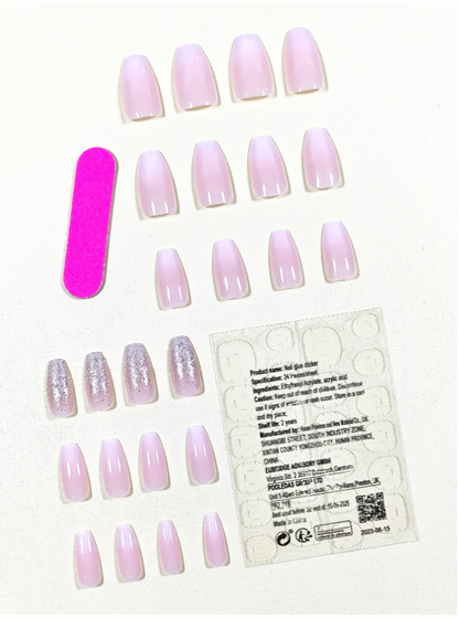 24pcs Short Square Shaped French Style Pink Ombre Glitter False Nails