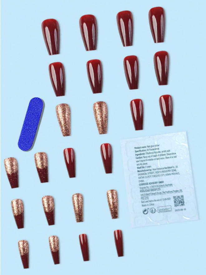 24pcs Long Coffin-Shaped Luxury Wine Red Glitter False Nails