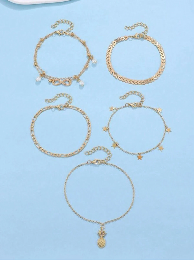 5pcs/Set Fashionable Gold Pineapple, Star & Pearl Anklet