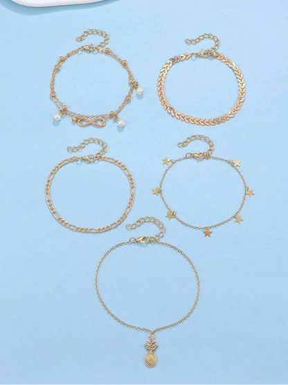 5pcs/Set Fashionable Gold Pineapple, Star & Pearl Anklet
