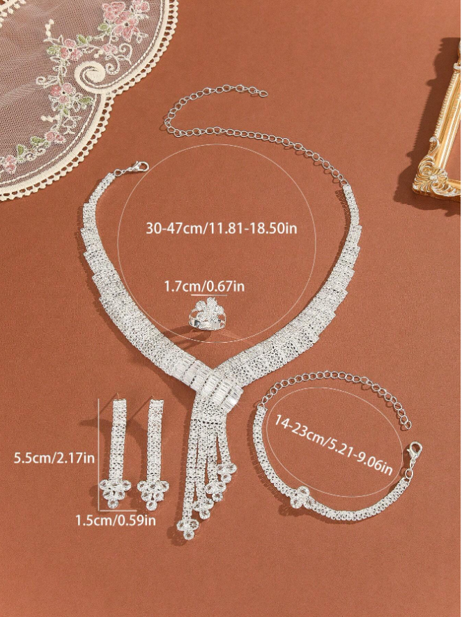 5pcs Silver White Crystal Bridal Jewelry Set