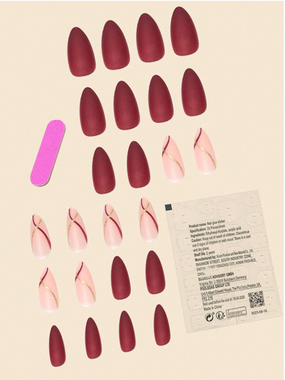 24pcs/Set Burgundy Matte False Nails With Gold Stripe