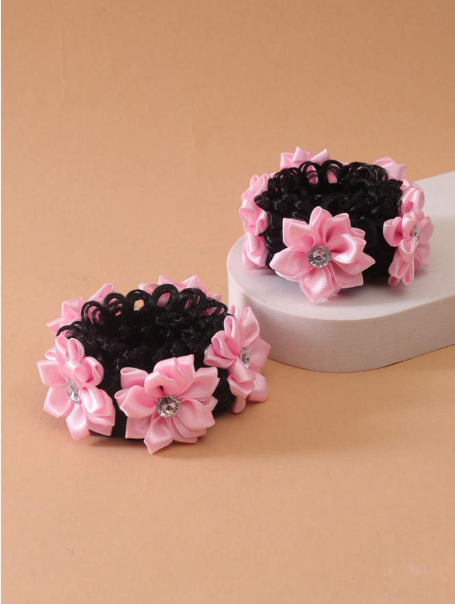 2pcs Girls' Back To School Cute Bun Hair Ties With Rhinestone & Flower Decoration