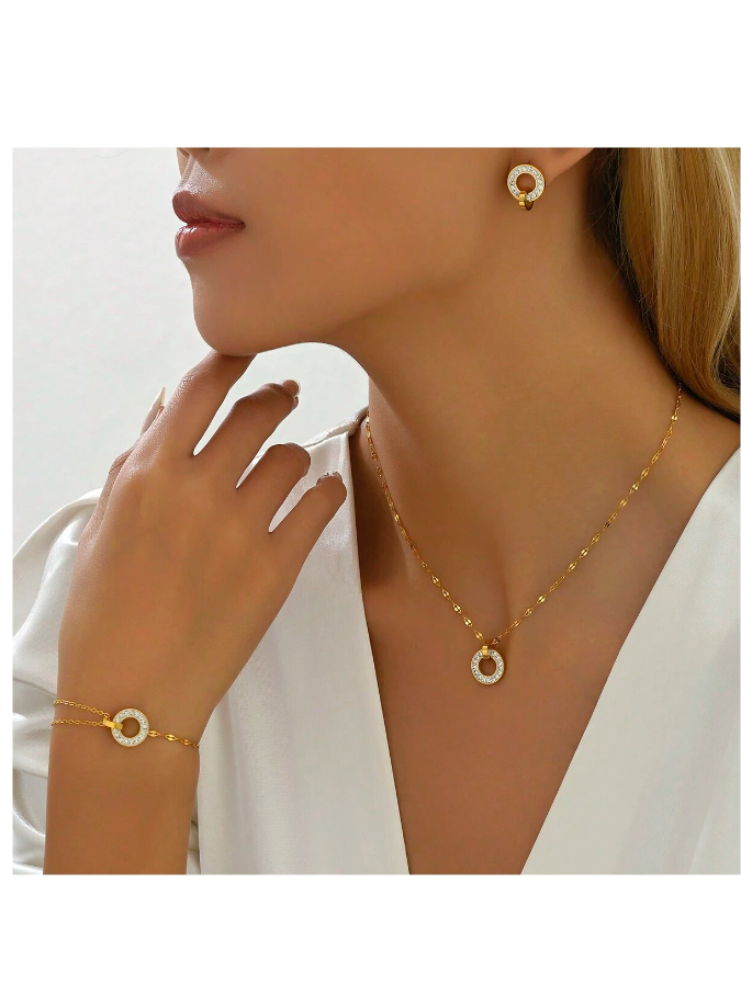 4pcs/Set Golden Stainless Steel Lips Chain & Cz Square & Circle Necklace & Bracelet & Earrings Combination Set
