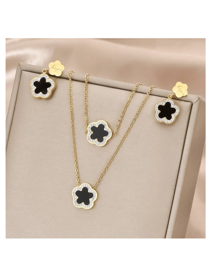 4pcs/Set Gold Stainless Steel Cubic Zirconia Black Five Petal Flower Necklace